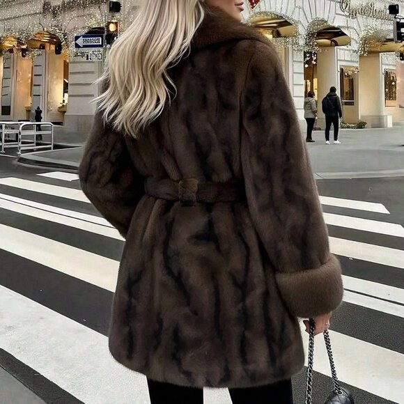 Coffee Brown Women's Christmas Faux Fur Long Sleeve Coat - Picture 2 of 7